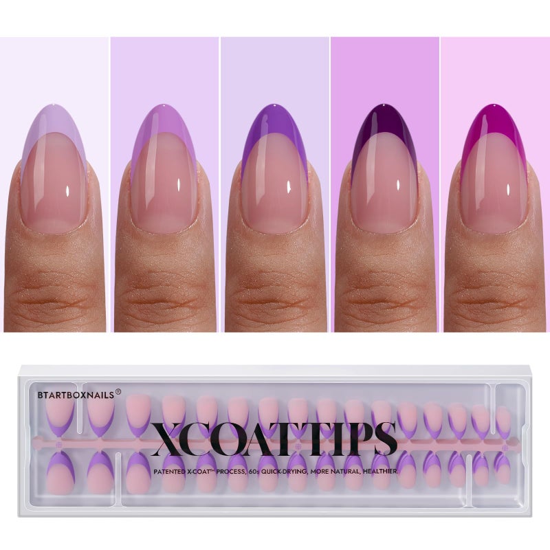 BTArtboxnails XCOATTIPS Purple French Tip Press On Nails  Short Press On Nails Almond Soft Gel Nail Tips 160Pcs Soak Off Acrylic Pink Fake Nail Extension in 16 Sizes